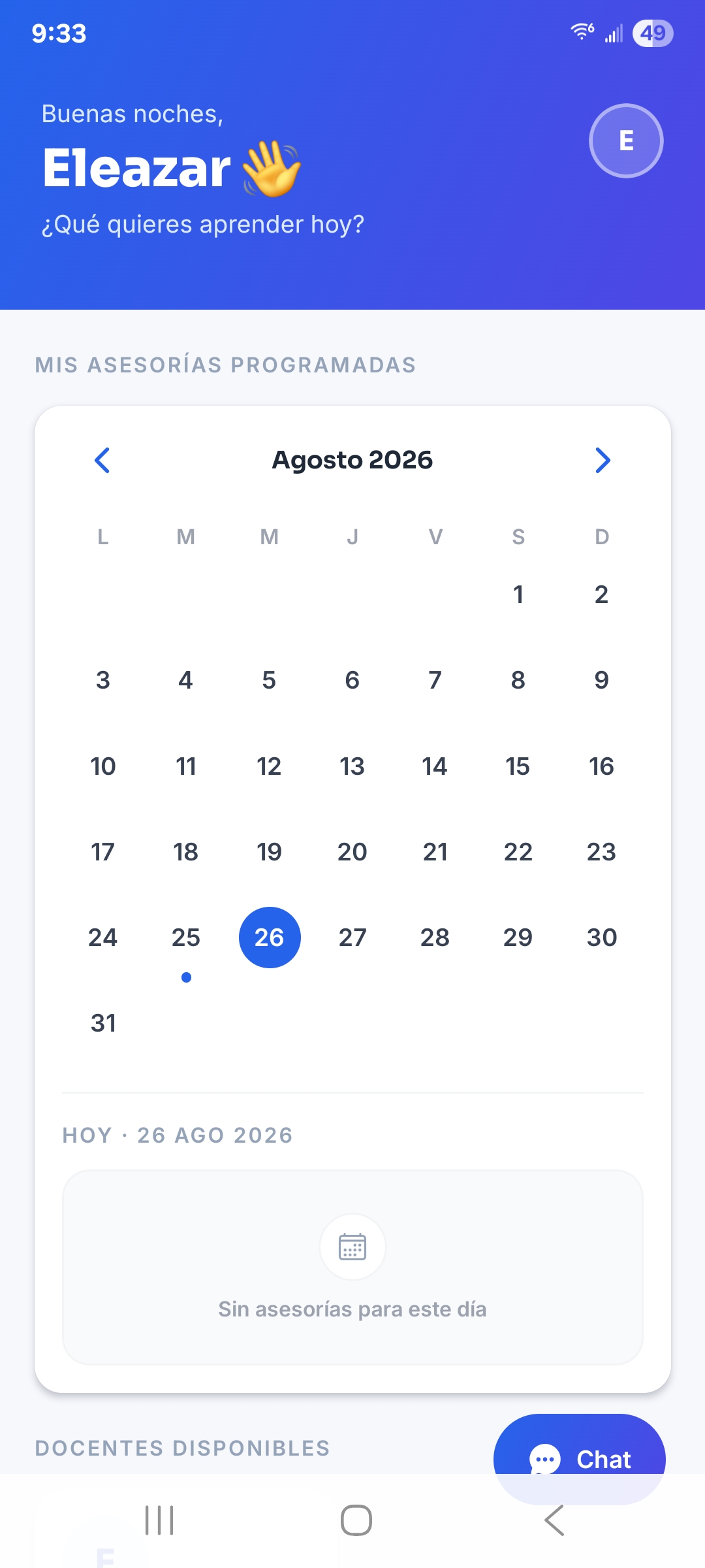 Pantalla de inicio de la app, con el calendario de asesorías